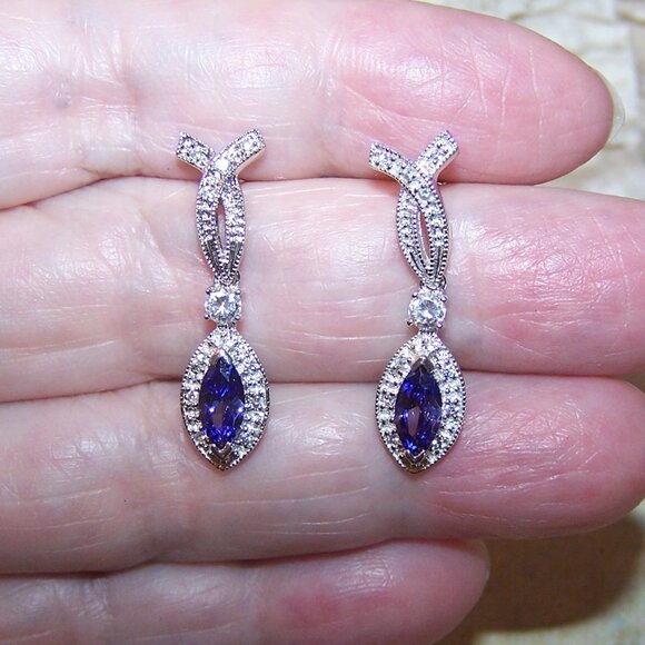 Sterling Silver Cubic Zirconia Dangle Earrings - Posts with Nuts - Picture 3 of 8